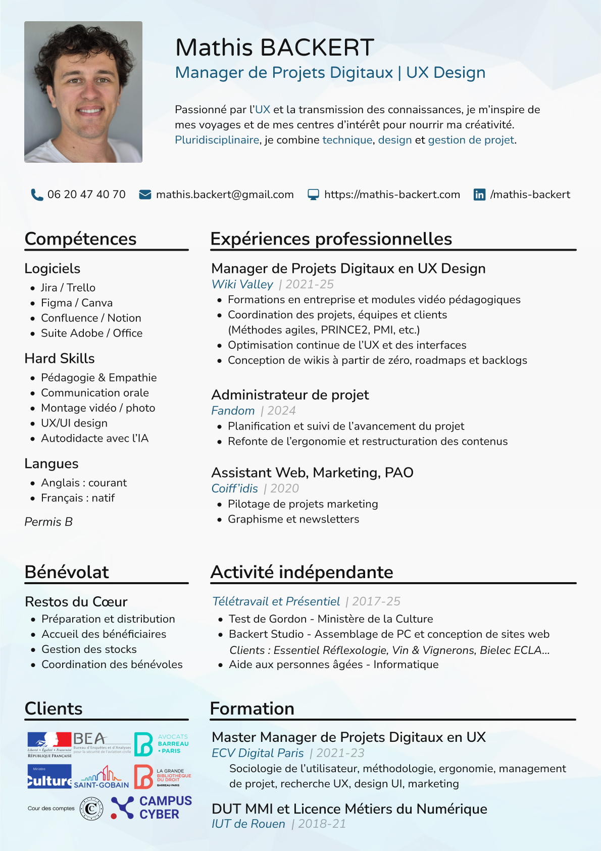 Curriculum Vitae – Informations Professionnelle – Portfolio Mathis Backert